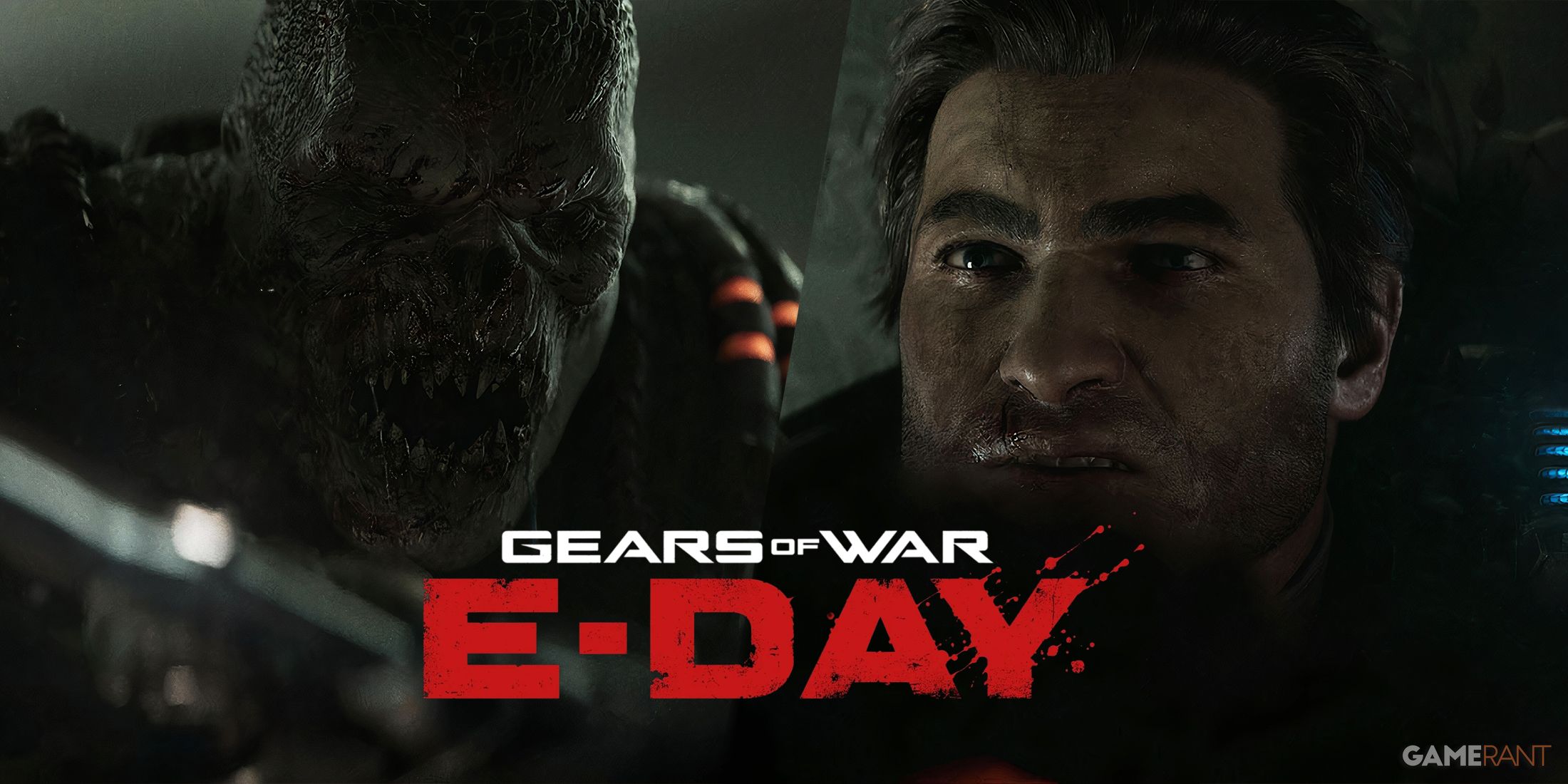 Marcus Fenix with Locust and Gears of War E Day logo