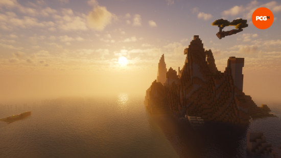 A beautiful sunset over a jagged mountain with one of the best Minecraft shaders installed.