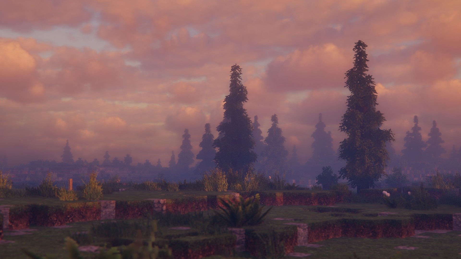 A realistic landscape in Minecraft with a pink sunset and fluffy clouds, created by the Kappa Minecraft shader pack.