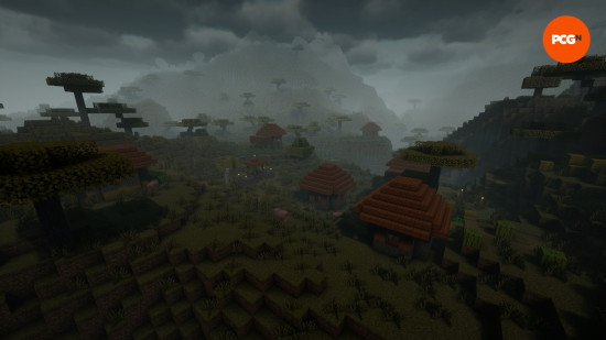 A gloomy, grey Minecraft world using Spooklementary, one of the best Minecraft shaders.