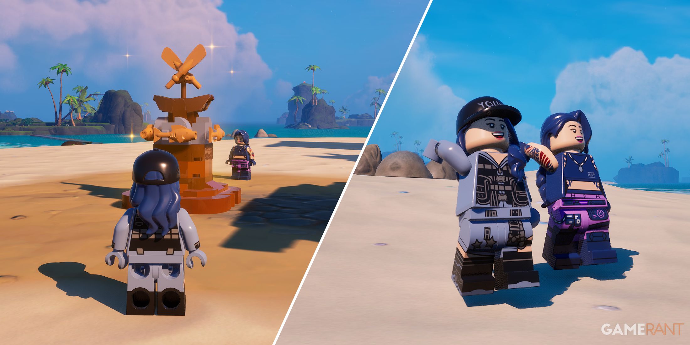 Split-image showcasing multiplayer play in LEGO Fortnite