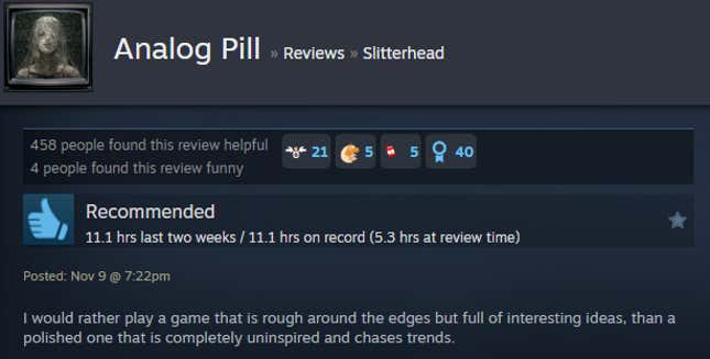 A screenshot shows a Steam user review for Slitterhead.