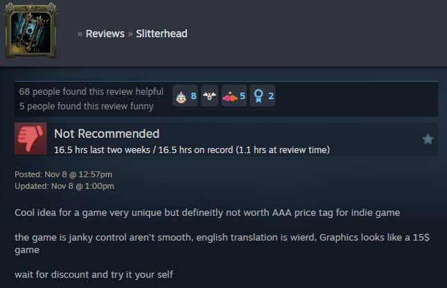 A screenshot shows a Steam user review for Slitterhead.