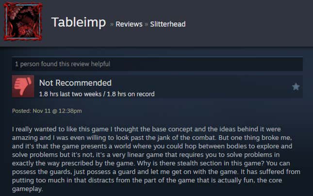 A screenshot shows a Steam user review for Slitterhead.