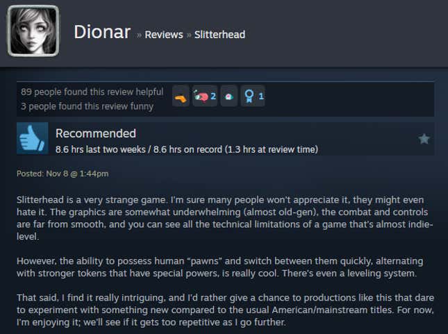 A screenshot shows a Steam user review for Slitterhead.