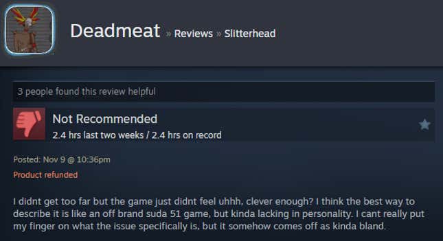 A screenshot shows a Steam user review for Slitterhead.