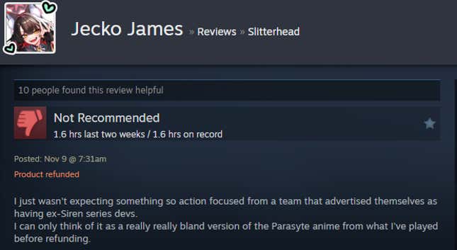 A screenshot shows a Steam user review for Slitterhead.