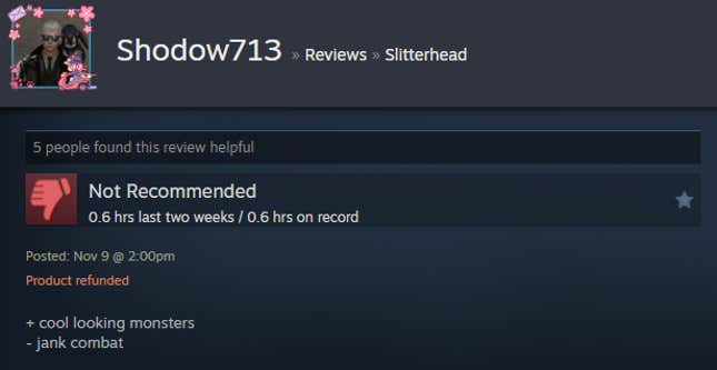 A screenshot shows a Steam user review for Slitterhead.