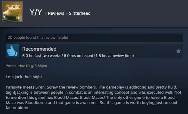 A screenshot shows a Steam user review for Slitterhead.