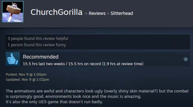 A screenshot shows a Steam user review for Slitterhead.