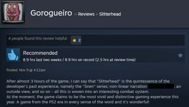 A screenshot shows a Steam user review for Slitterhead.