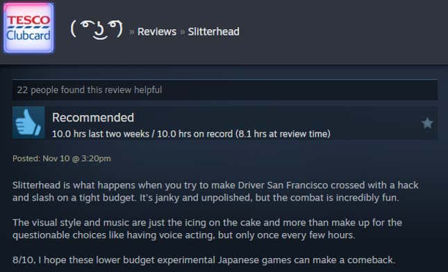 A screenshot shows a Steam user review for Slitterhead.