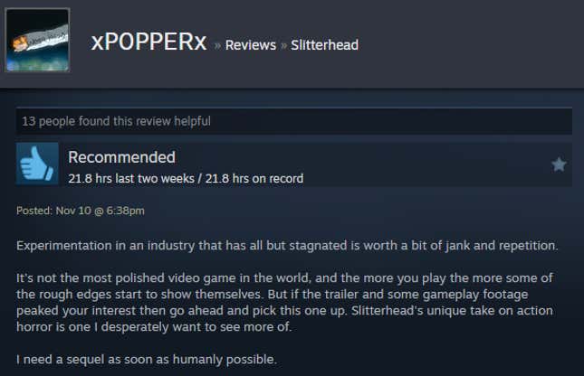 A screenshot shows a Steam user review for Slitterhead.