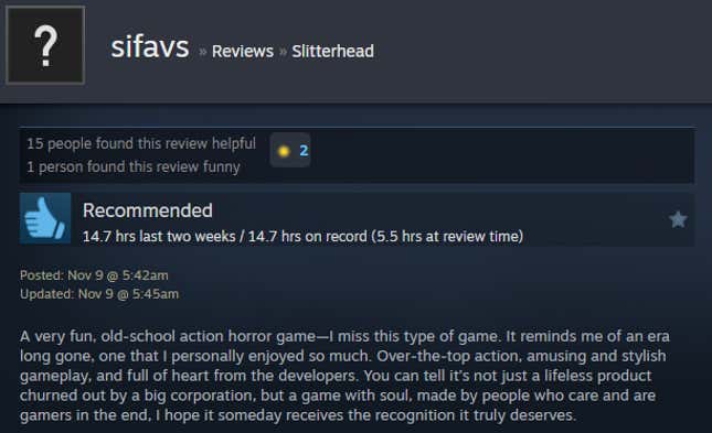 A screenshot shows a Steam user review for Slitterhead.