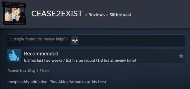 A screenshot shows a Steam user review for Slitterhead.