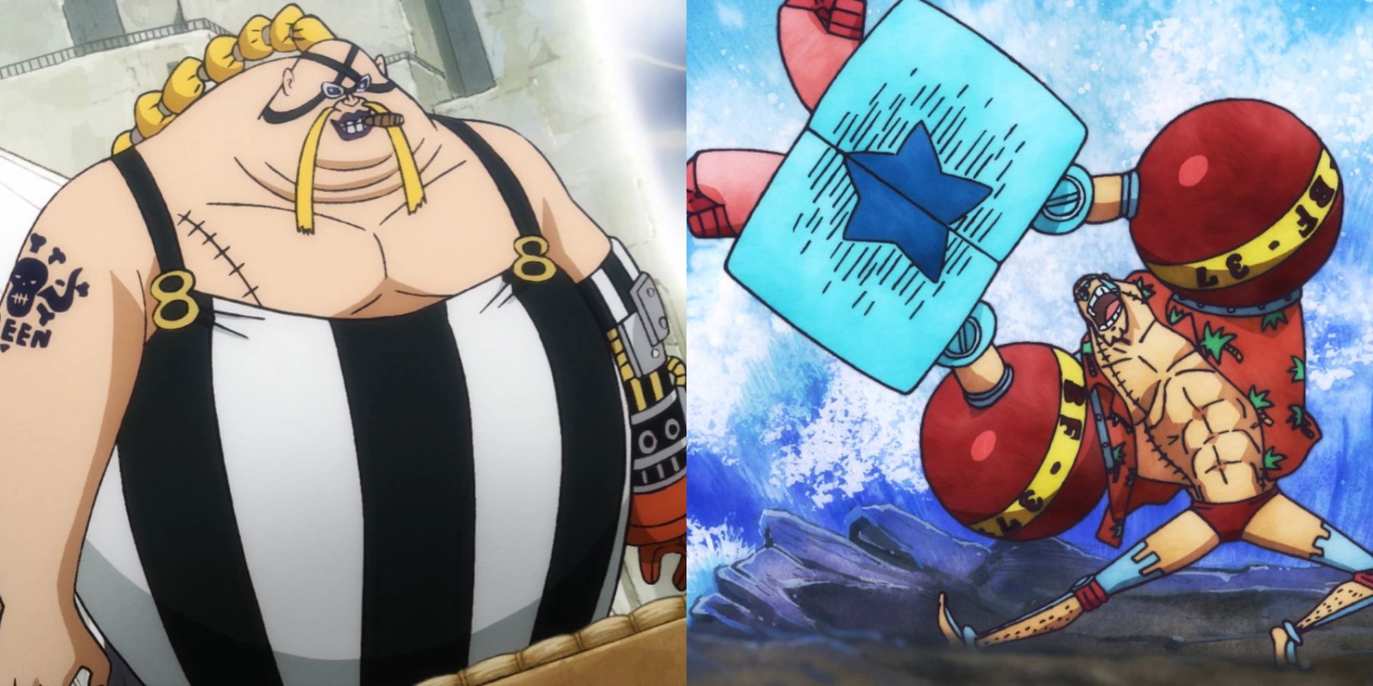 Queen and Franky in the One Piece anime.