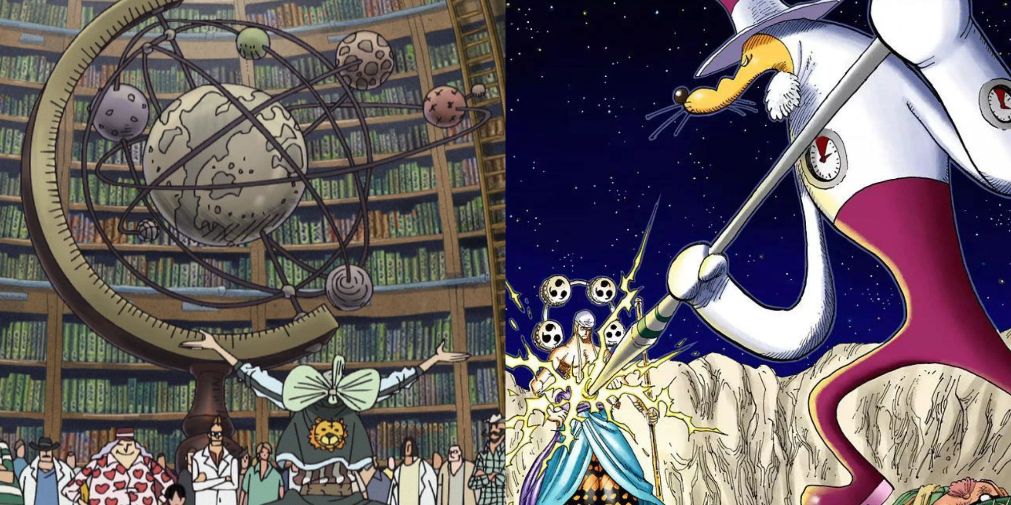 The model of the planet in the Tree of Knowledge and Enel fighting against a Space Pirate.