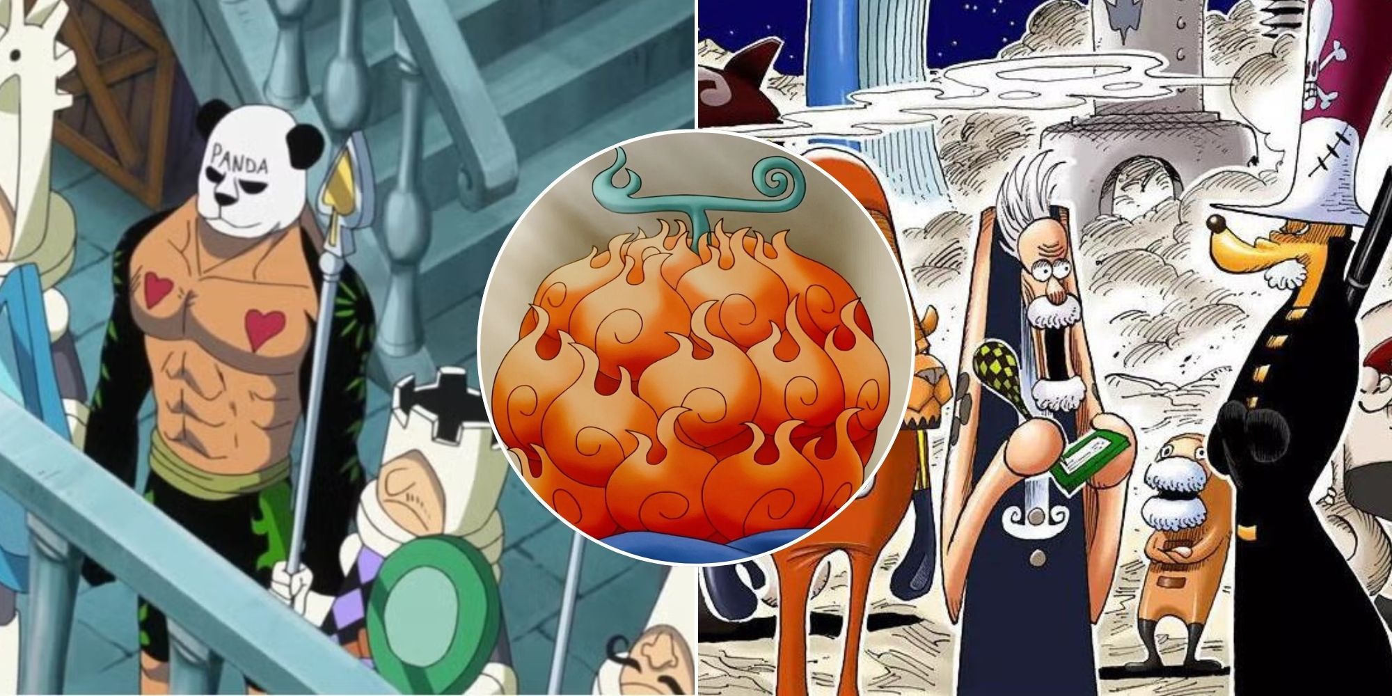 A collage of 3 obscure pieces of One Piece lore: Pandaman, the Space Pirates living on the moon and the Mera Mera no Mi, the only Devil Fruit that was eaten by two people at the same time.