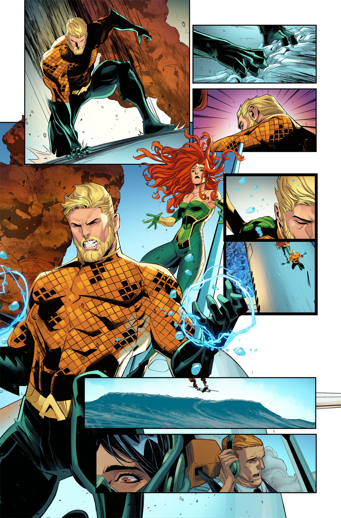 Unlettered interior art pages from Aquaman #1.