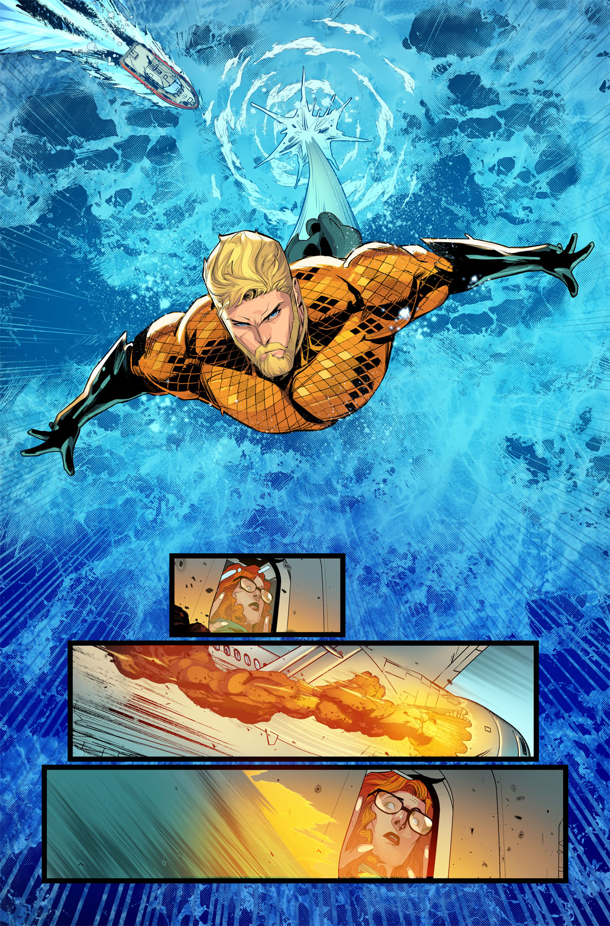 Unlettered interior art pages from Aquaman #1.