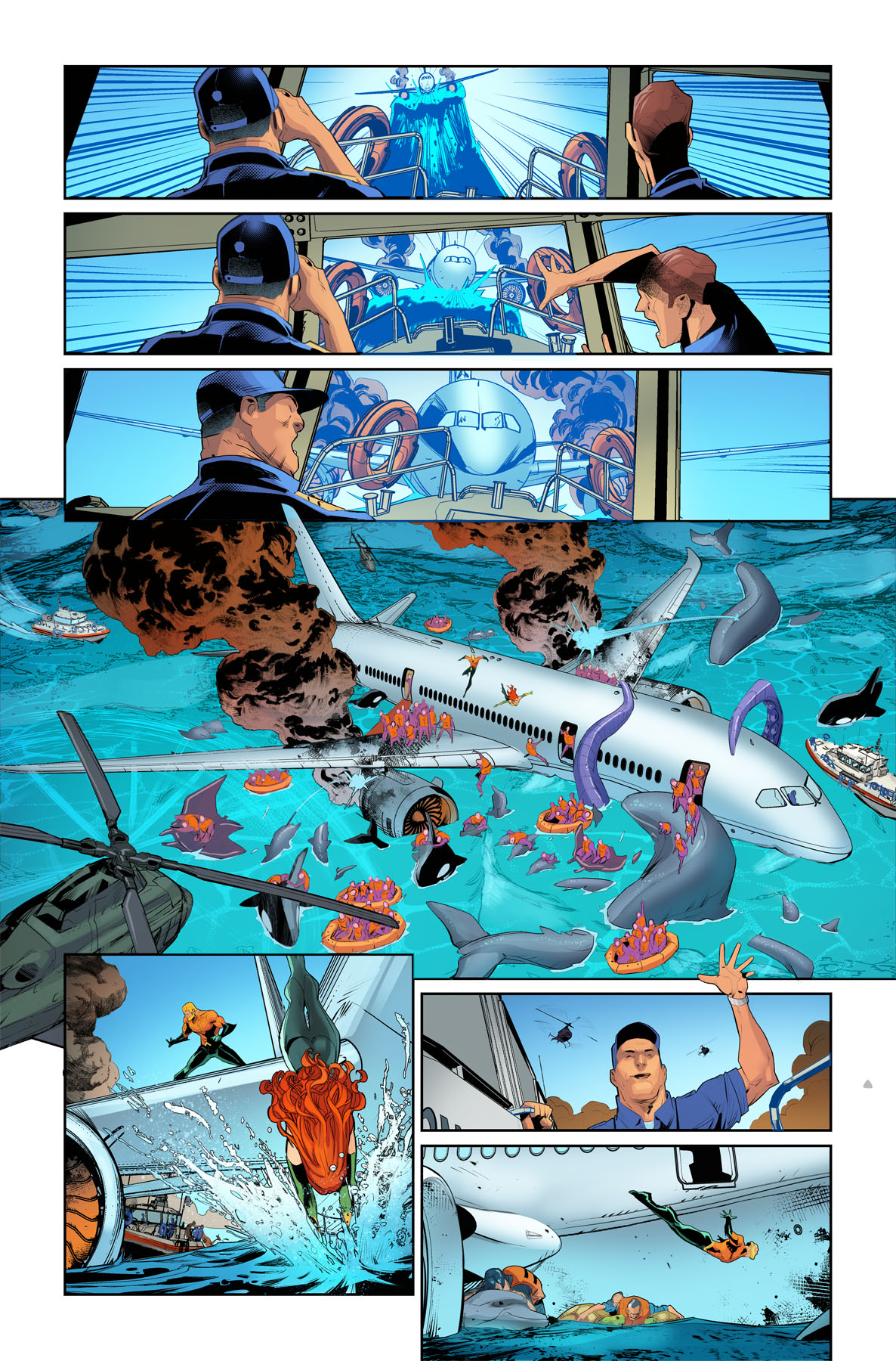 Unlettered interior art pages from Aquaman #1.