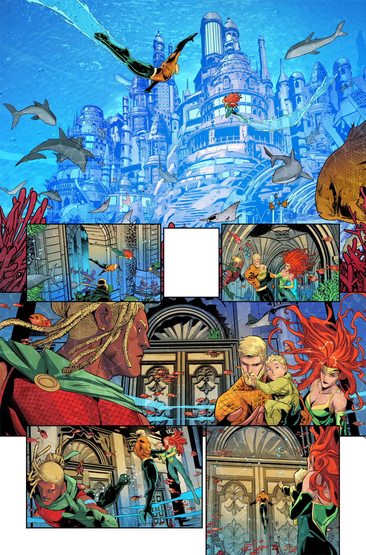 Unlettered interior art pages from Aquaman #1.