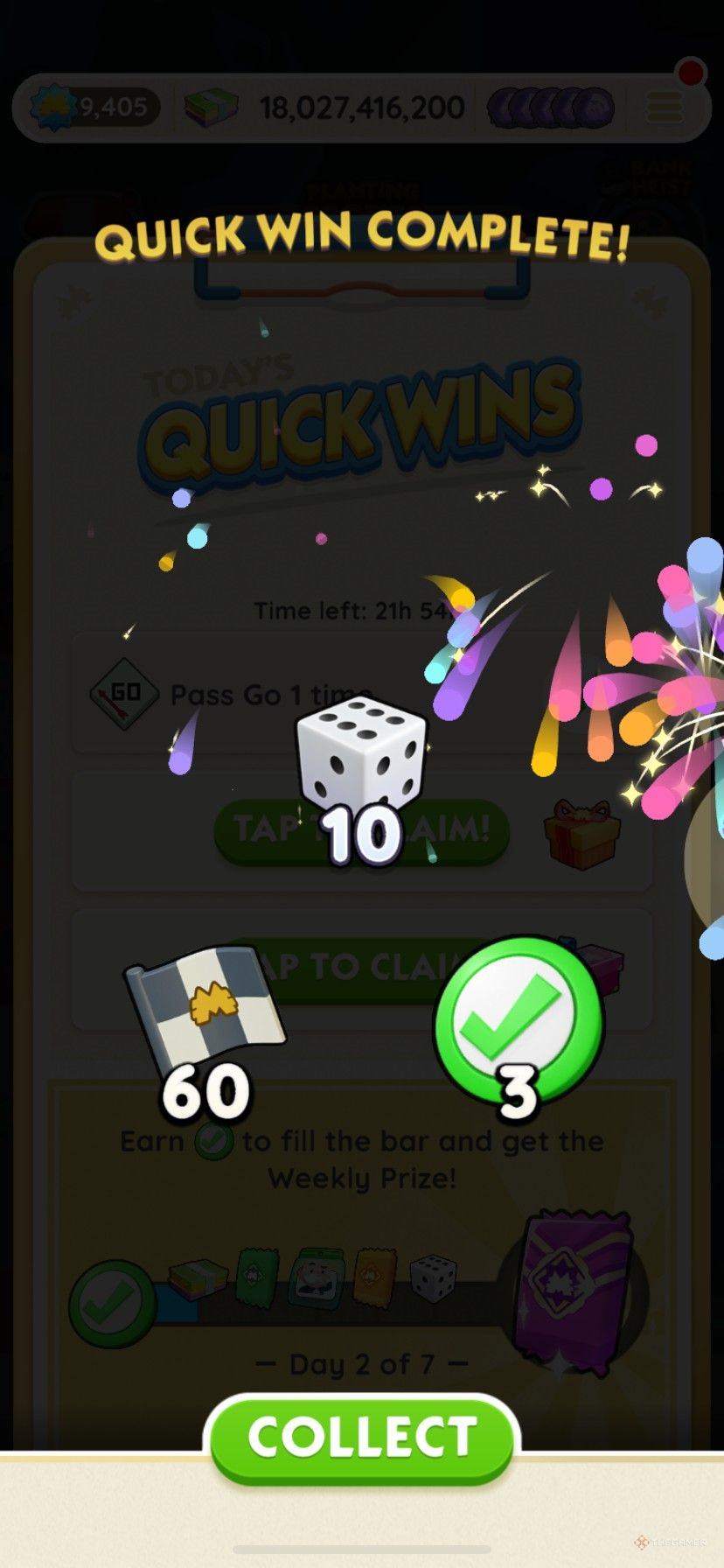 Earning 60 free Harvest Partners tokens from finishing a daily quick win in Monopoly Go.