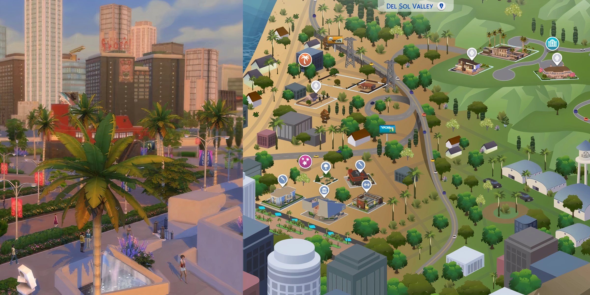 The map of Del Sol Valley and an overview of the city