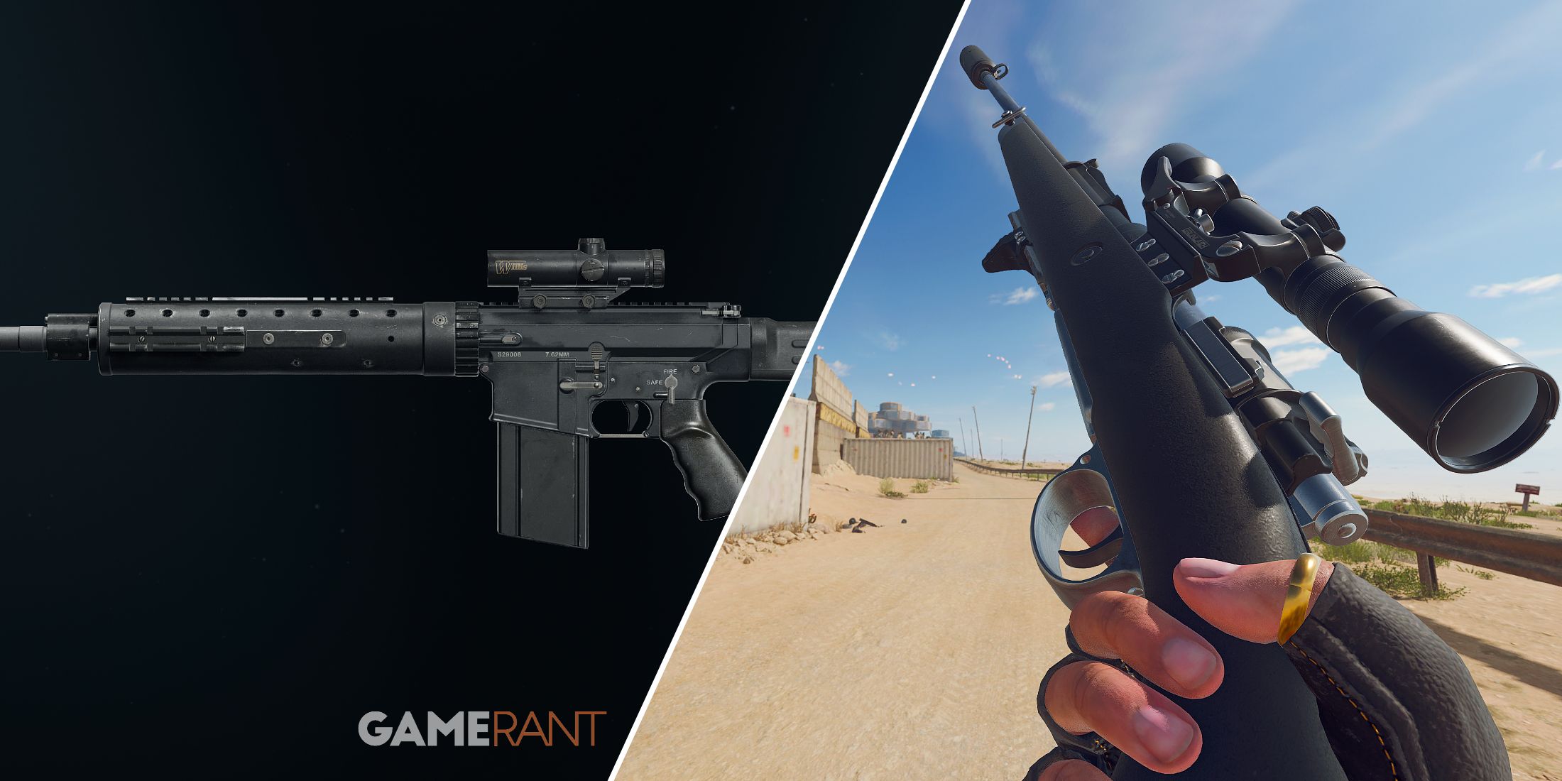 Split-image showcasing the DM-10 and the Kar98k in Warzone