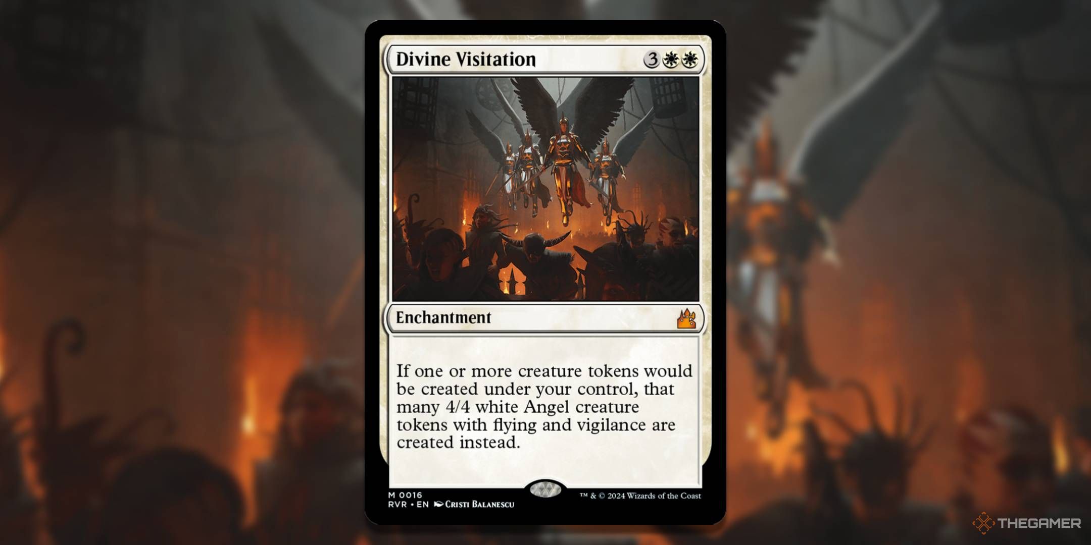 MTG Divine Visitation card with the art in the background.