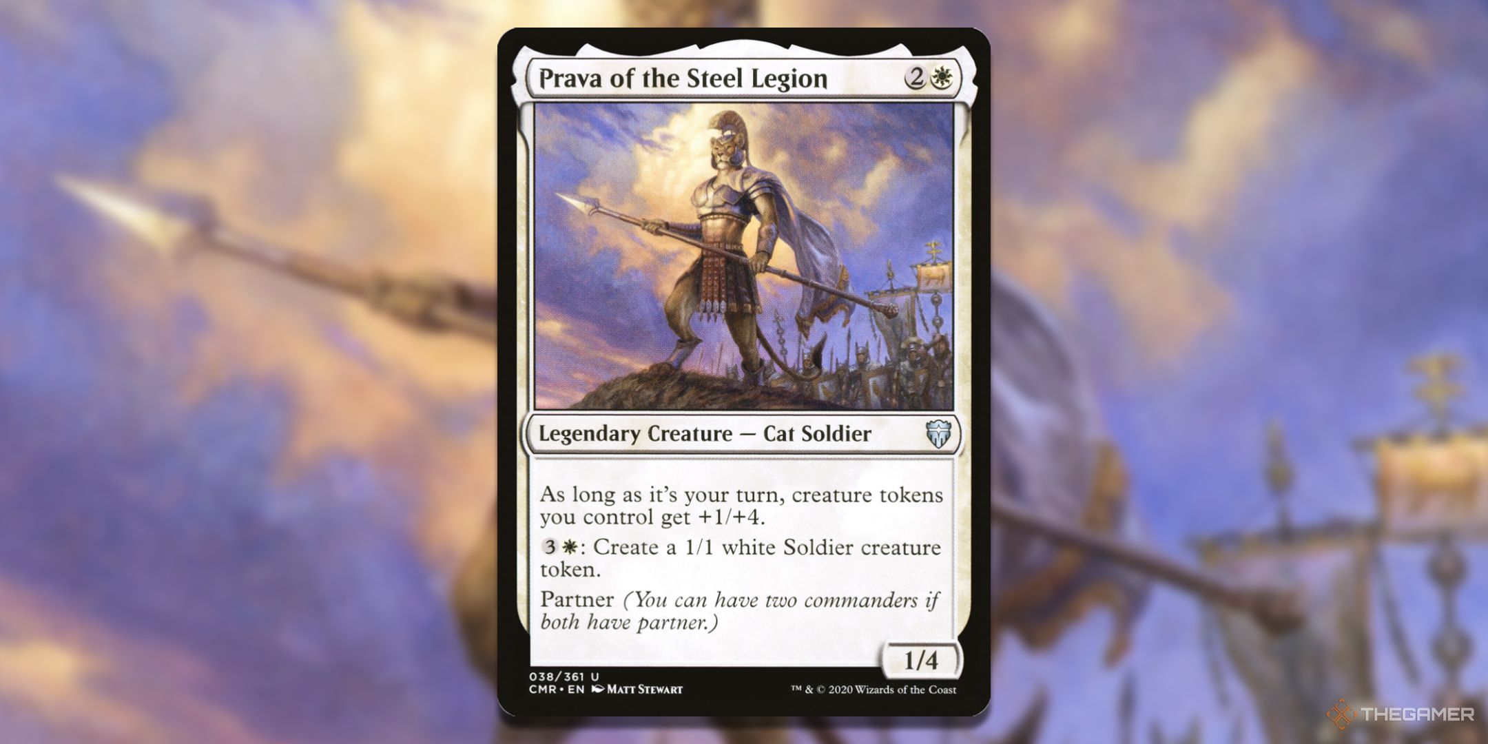 MTG Prava of the Steel Legion card with the art in the background.