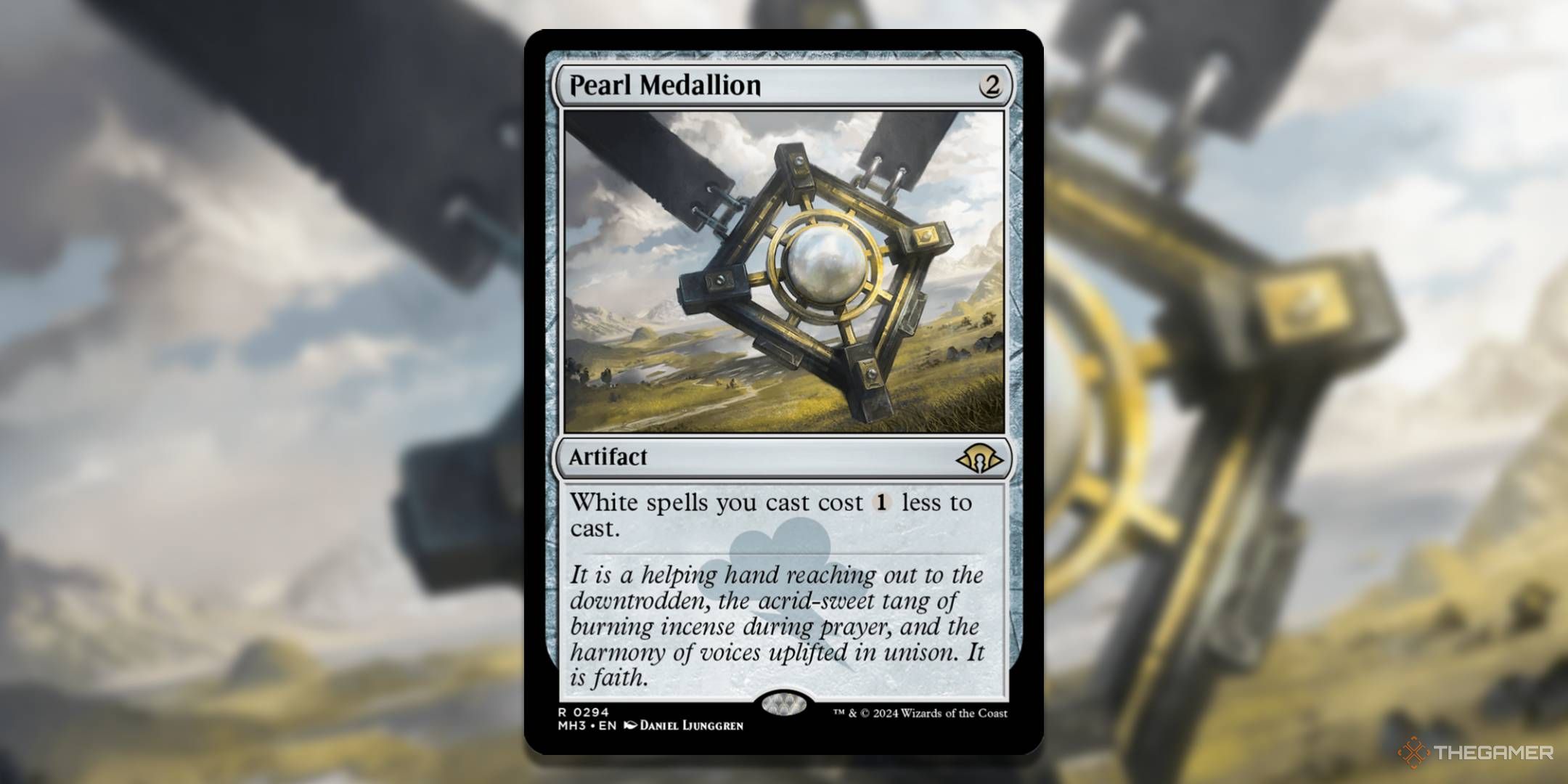 MTG Pearl Medallion card with the art in the background.