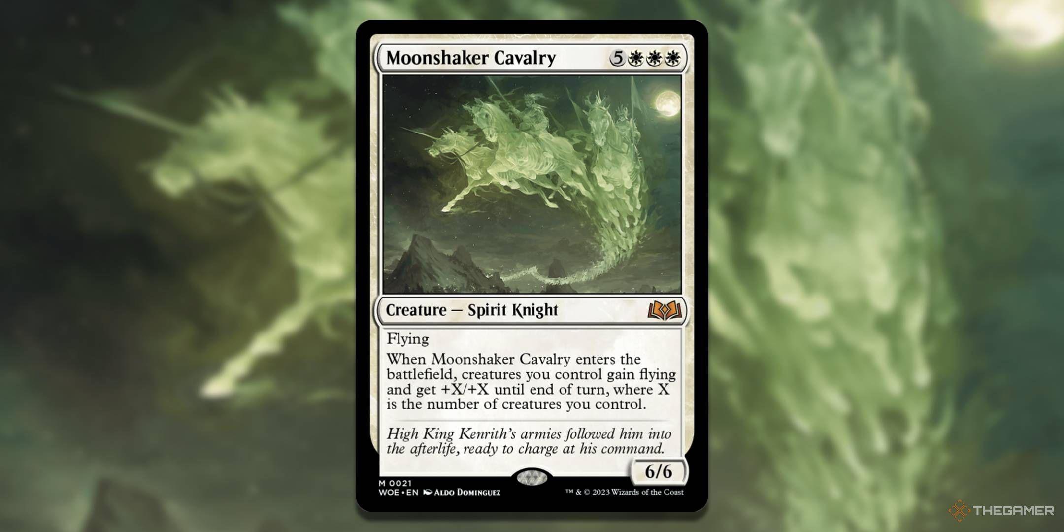 MTG Moonshaker's Cavalry card with the art in the background.