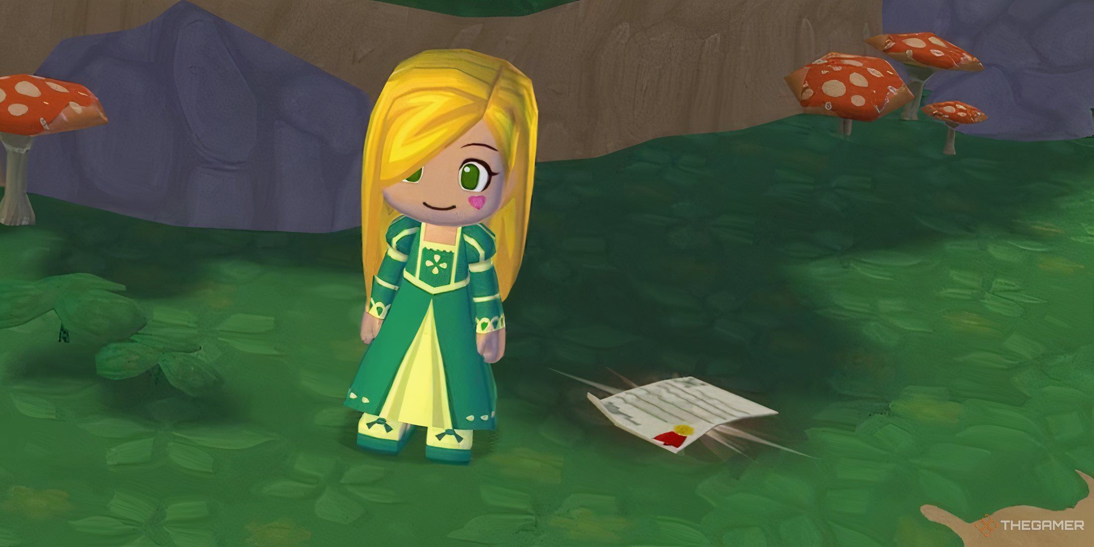 A photo of a Sim posing with an invitation in MySims Kingdom.