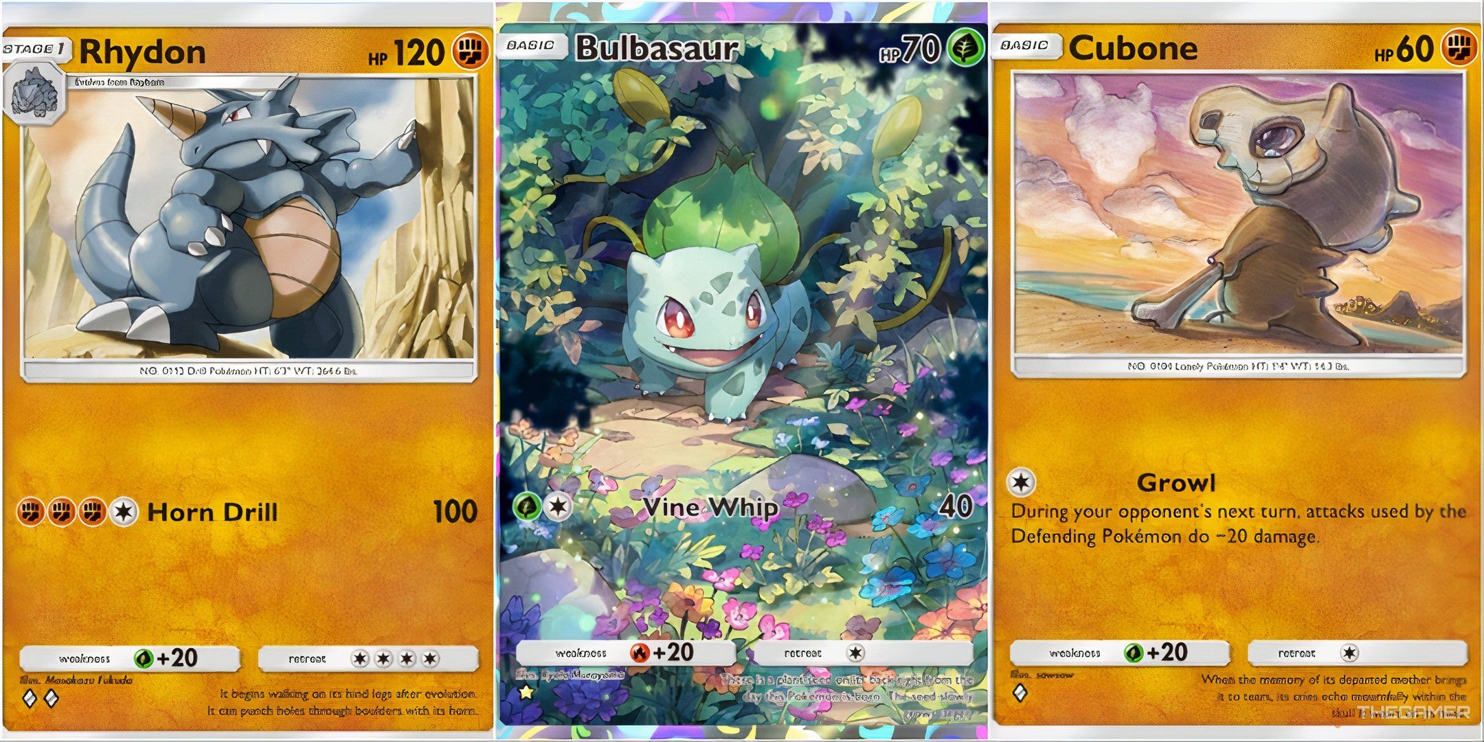 Pokemon TCG Pocket collage of Rhydon, Bulbasaur and Cubone cards.