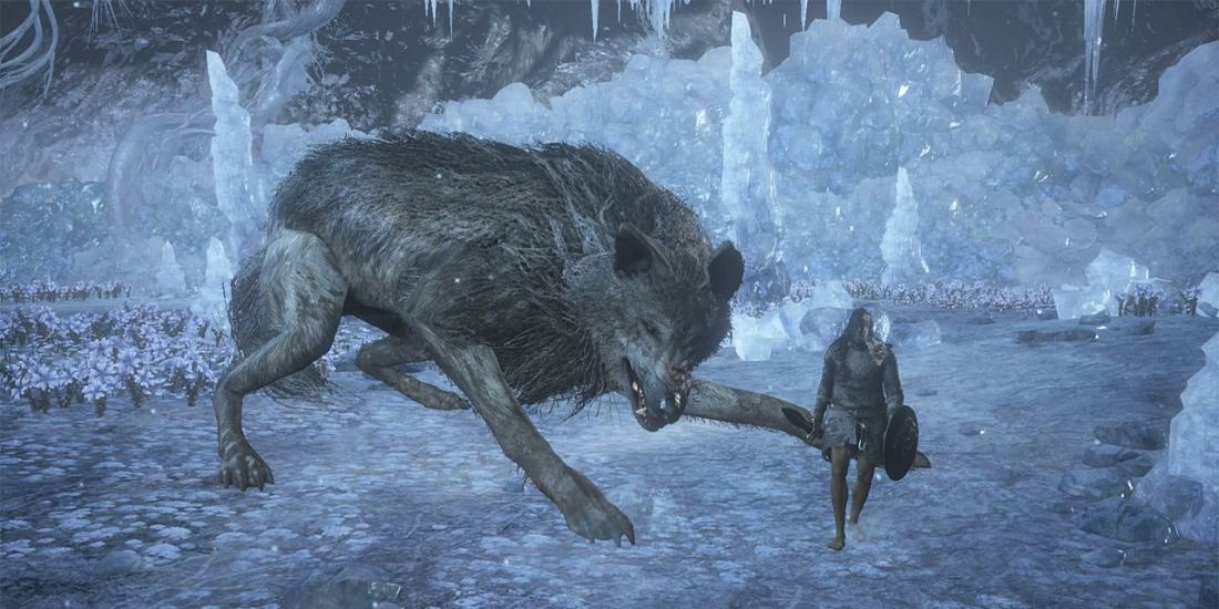 The bosses Champion's Gravetender and Gravetender Greatwolf in Dark Souls 3 ready to take on a player.