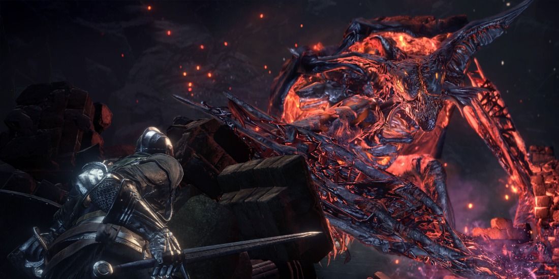 The Demon Prince of the Ringed City in Dark Souls 3 assaulting a shielded knight.