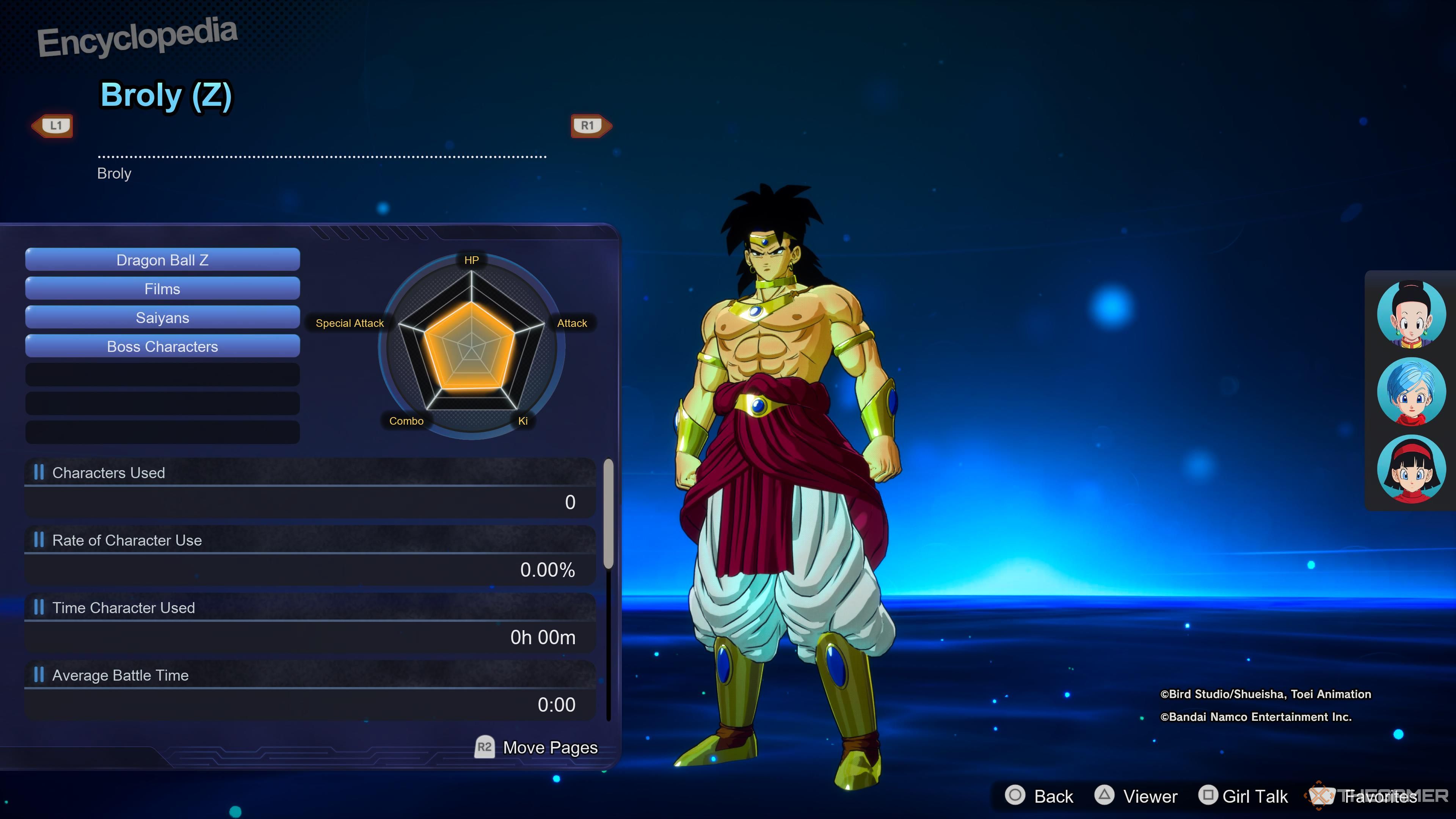 A screen detailing the stats of Broly (Z) in Dragon Ball: Sparking Zero