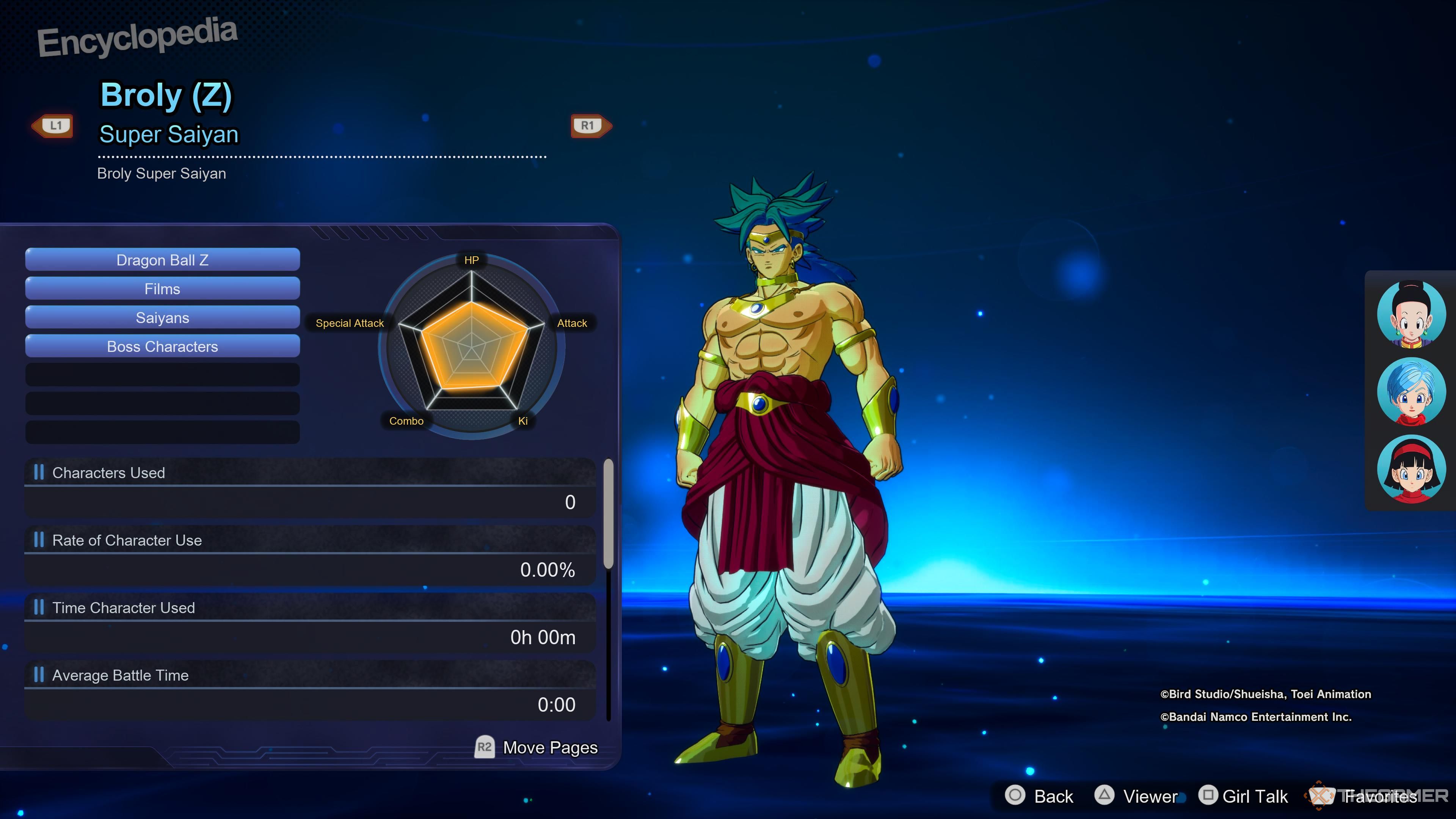 A screen displaying the stats of Broly (Z) Super Saiyan in Dragon Ball: Sparking Zero.