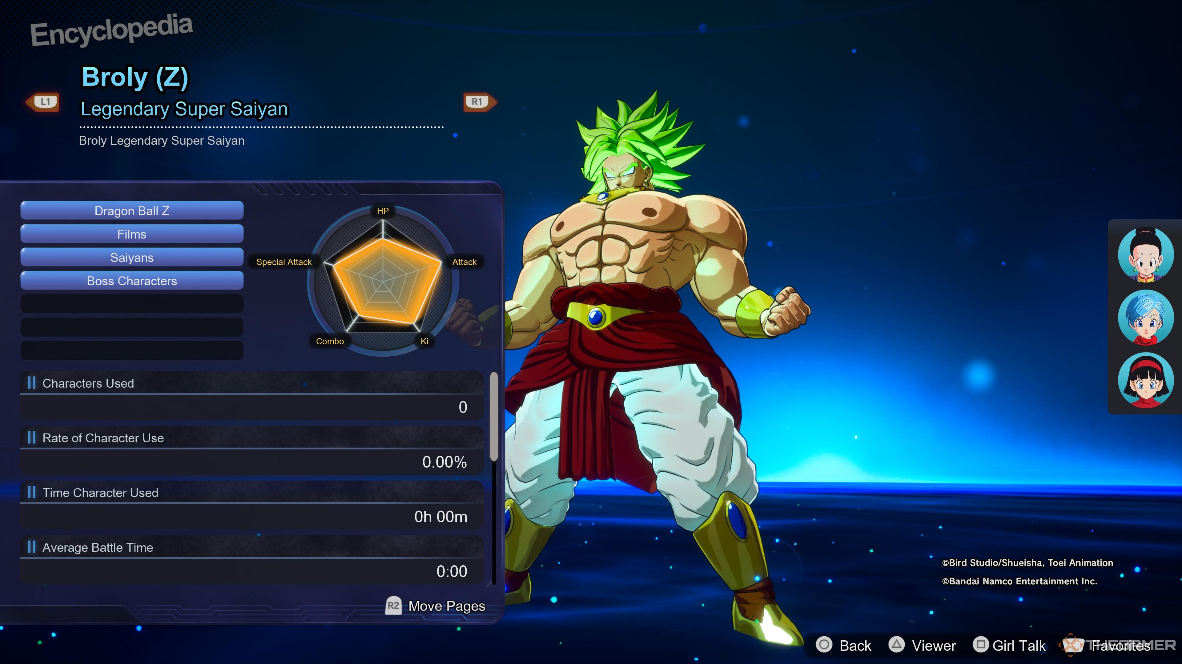 A stats screen for Broly's Legendary Super Saiyan Form in Dragon Ball: Sparking Zero.