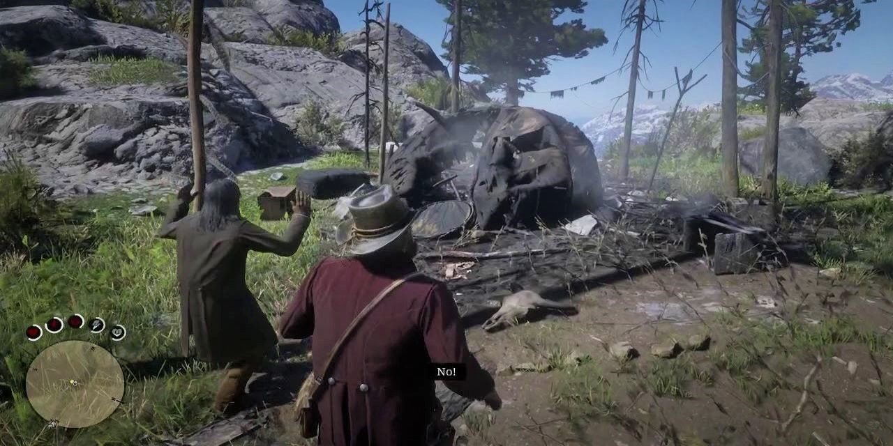 Two characters running through a forest, coming upon a burned down campsite in Red Dead Redemption 2.