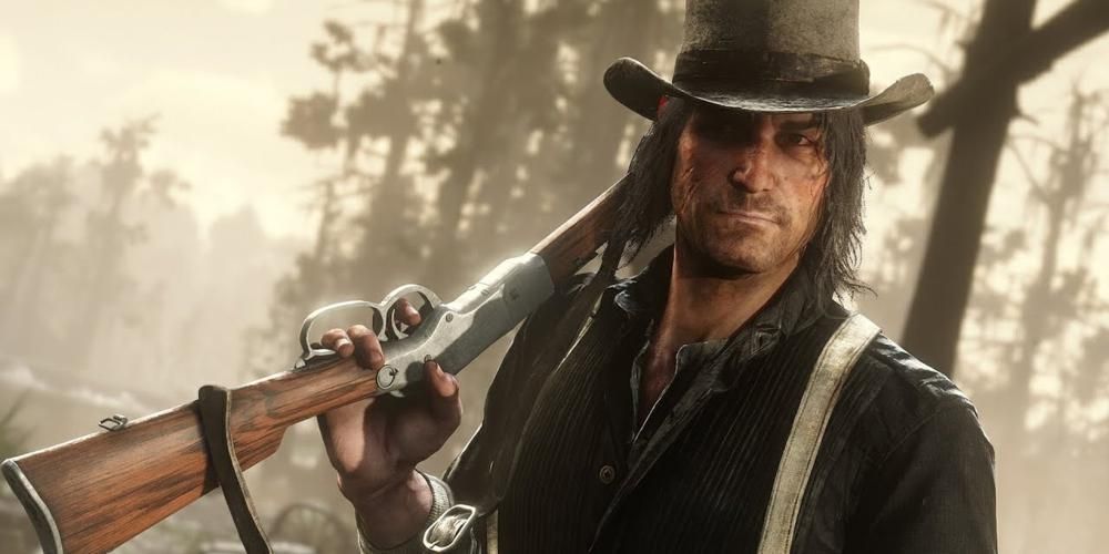 John Marston holding a rifle.