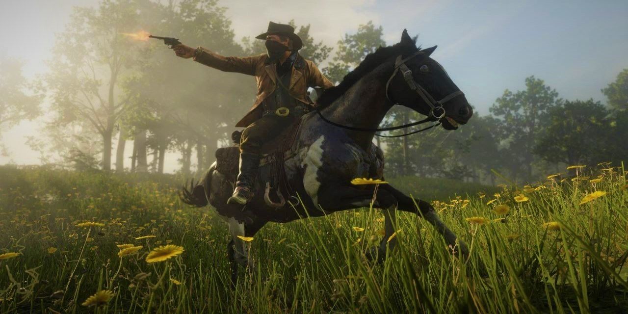 Arthur riding his horse through a field, firing a pistol behind him.