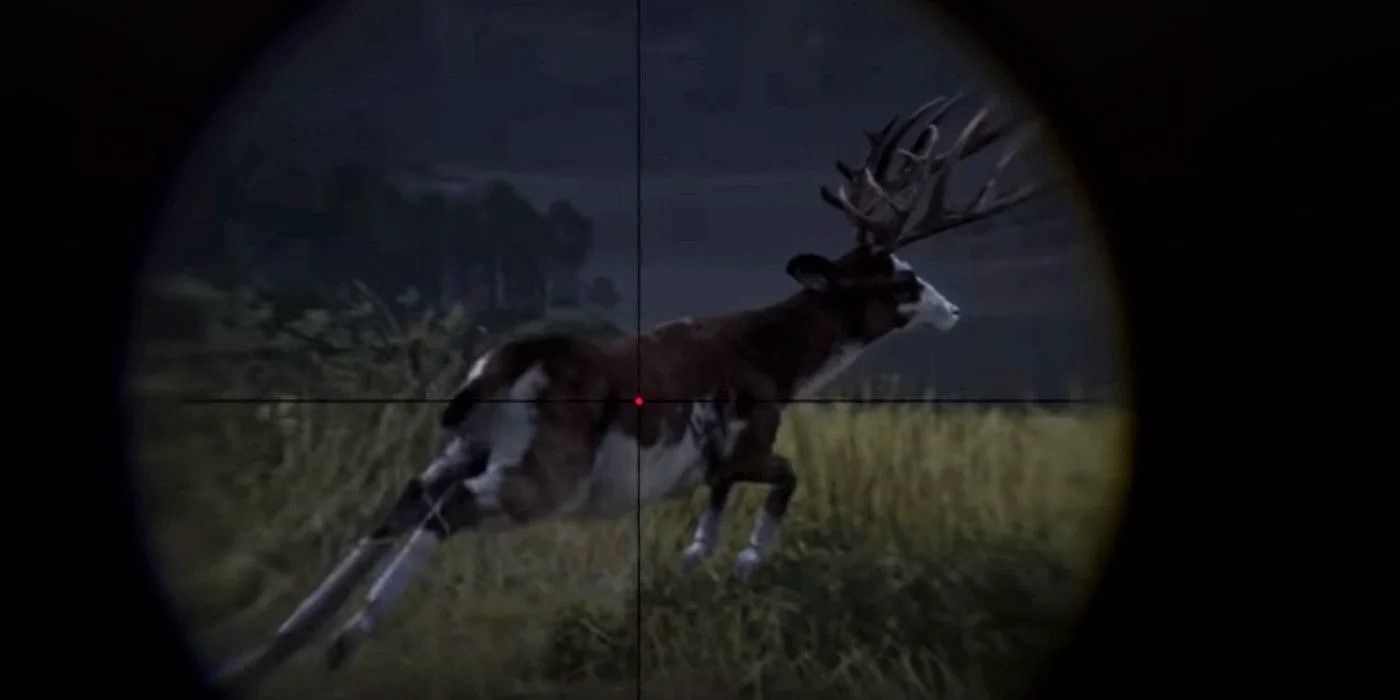 Using a scope to aim at a running deer in Red Dead Redemption 2.