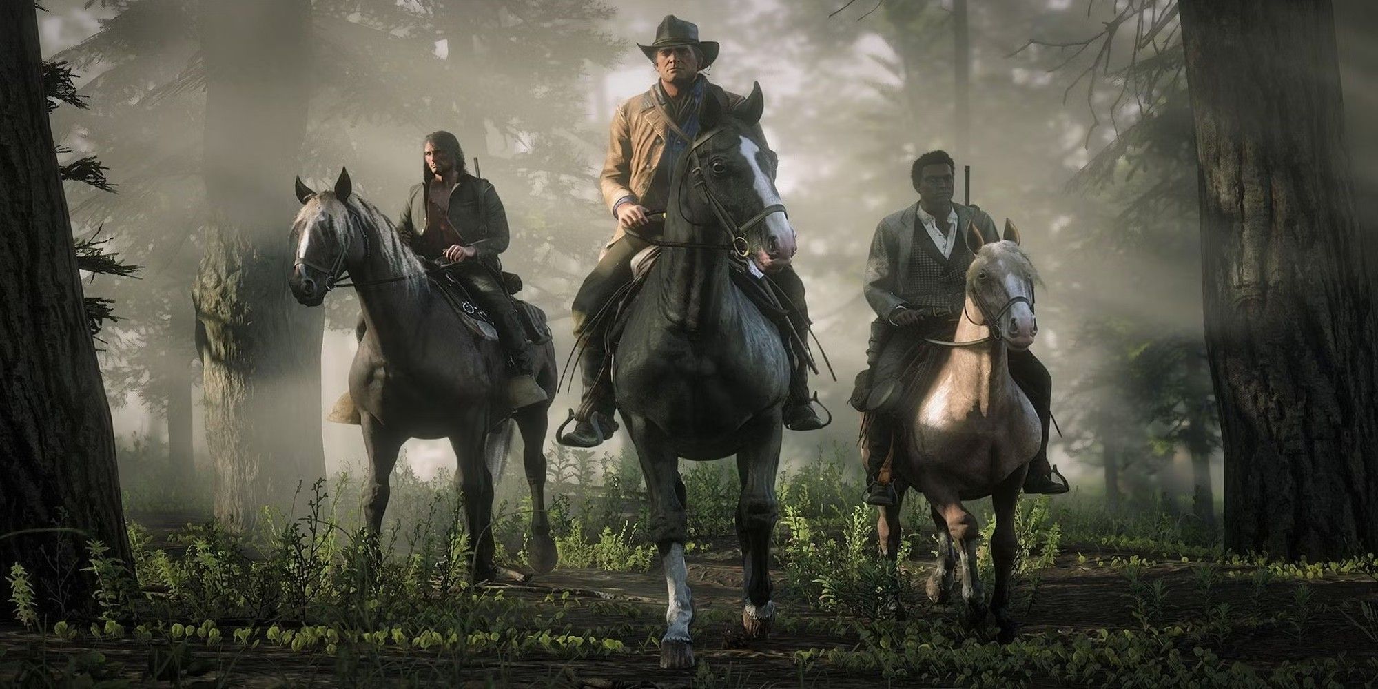 Three characters riding horses through foggy woods in Red Dead Redemption 2.