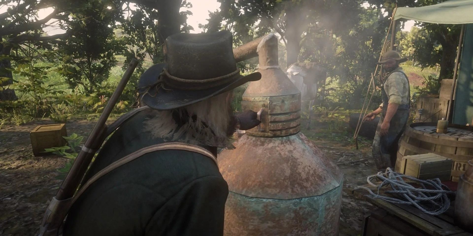 Arthur helping a duo create moonshine in the woods.