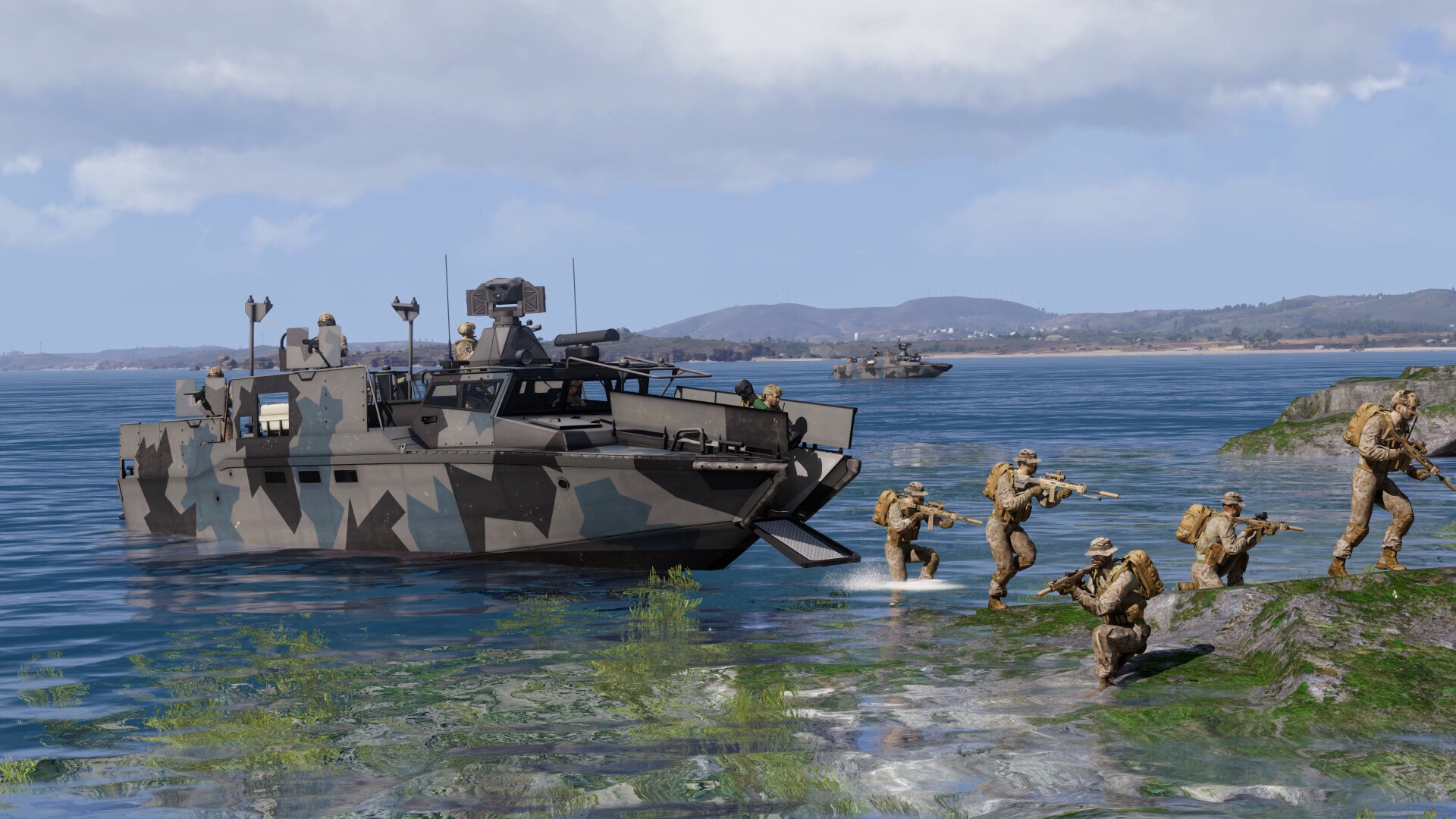 Arma 3 DLC: An amphibious tank approaches the shore with several soldiers wading in front of it