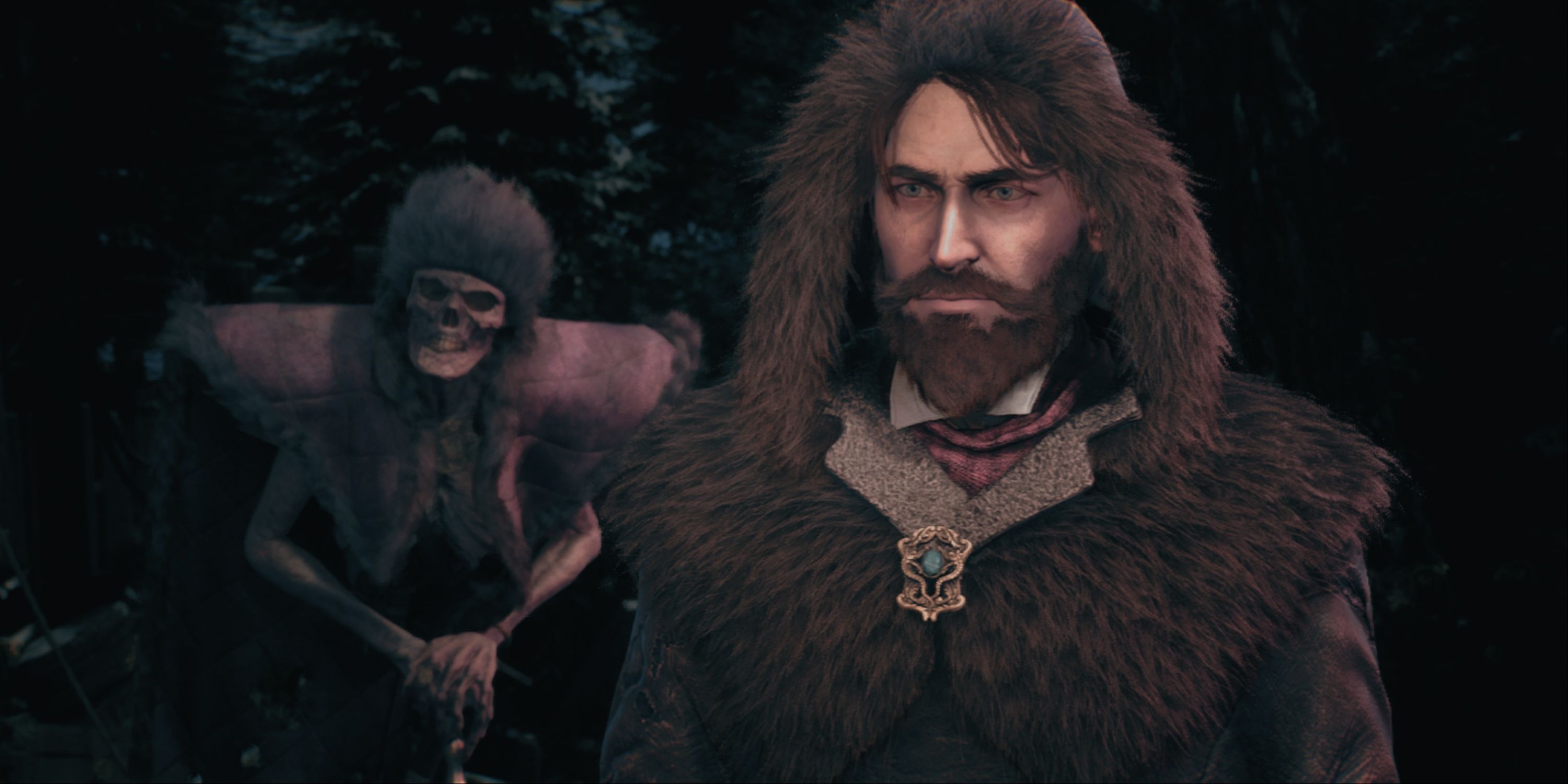 The Thaumaturge - Wiktor In A Cutscene With His Salutor Upyr, A Skeleton Phantom With A Cane And Fur Hat, Behind Him.