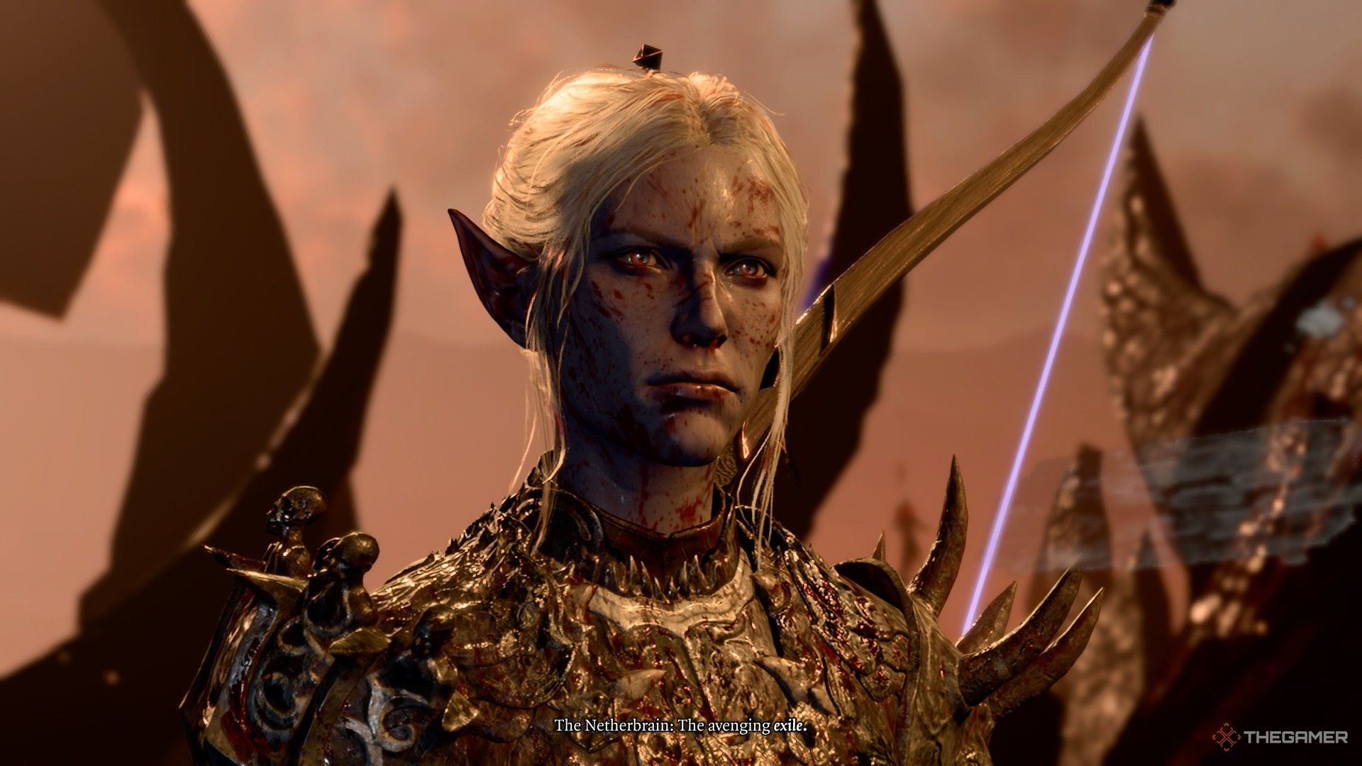 Minthara staring forward, before fighting the Netherbrain and after siding with the Emperor, being addressed by the Netherbrain as "The avenging exile."