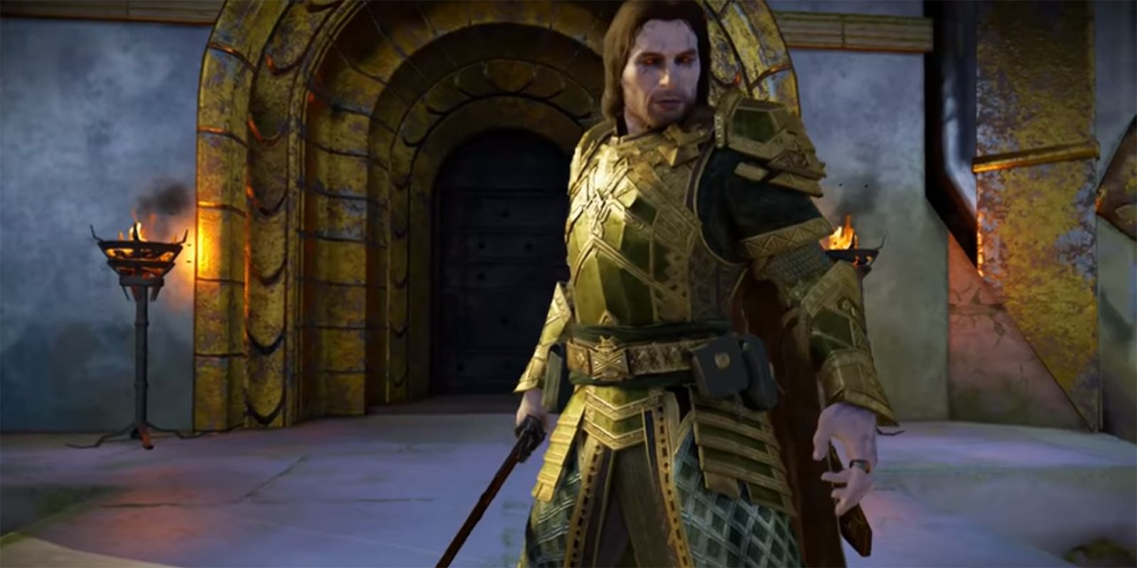 Talion standing atop a tower, wearing the Machine Legendary set.